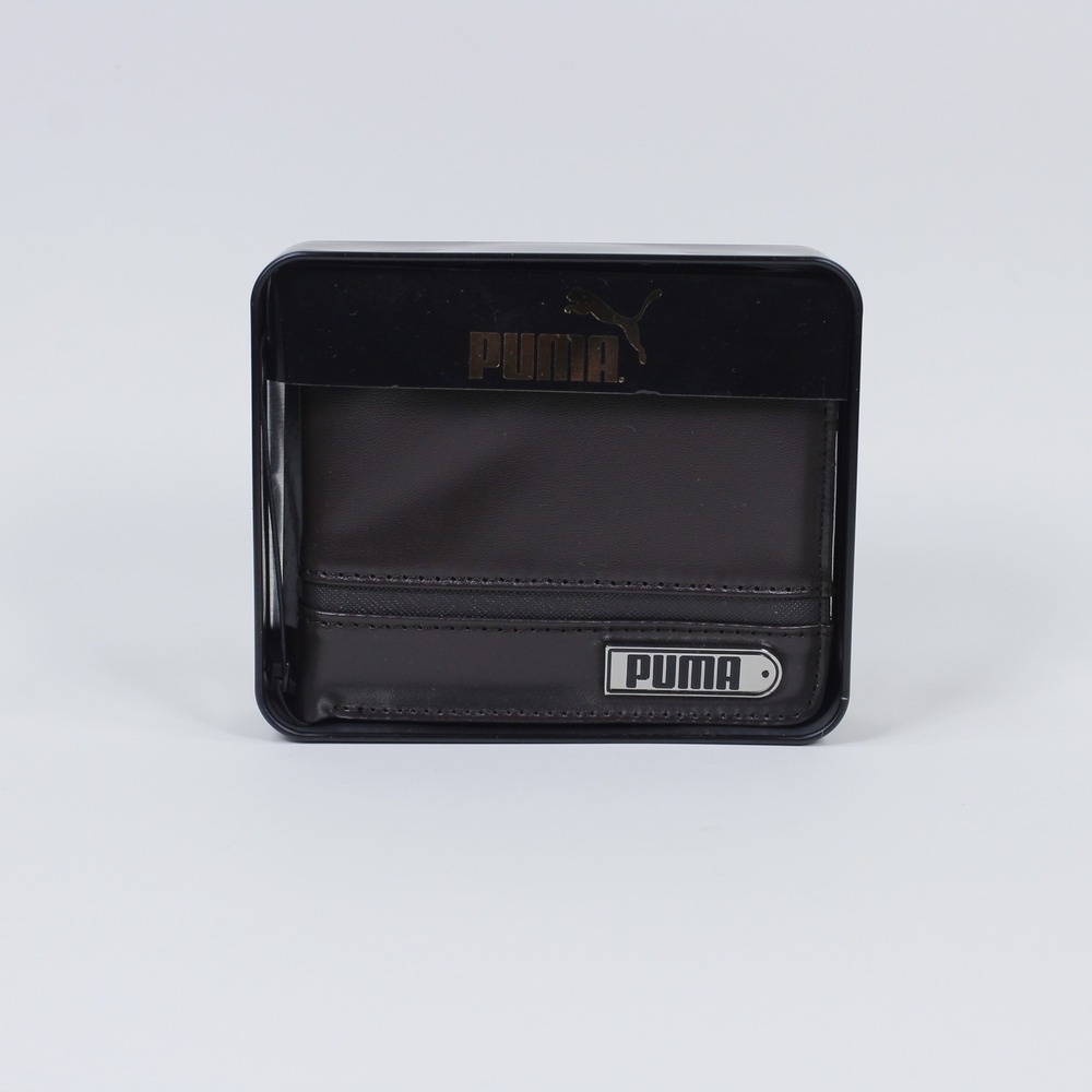 Puma Men's Black Bifold Wallet with Silver Metal Logo Plate NIB Genuine